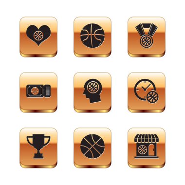 Basketbol topu, ödül kupası, basketbol, düşünceler, maç bileti, madalya, spor mağazası ve ikon ile Set Heart. Vektör