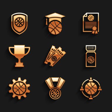 Basketbol bileti, madalya, planlama stratejisi, konsept, ödül kupası, sertifika basketbol ödülü ve ikonu koruma. Vektör