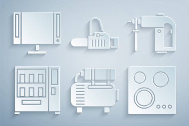 Hava kompresörünü, döner çekiç matkabını, otomatı, gaz ocağını, elektrikli testereyi ve akıllı televizyon ikonunu ayarlayın. Vektör