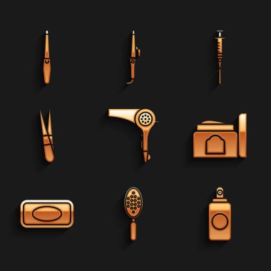 Saç kurutma makinesi, saç fırçası, sprey kutusu, krem kozmetik tüpü, sabun çubuğu, kaş cımbızı, şırınga ve tırnak dosya simgesi. Vektör