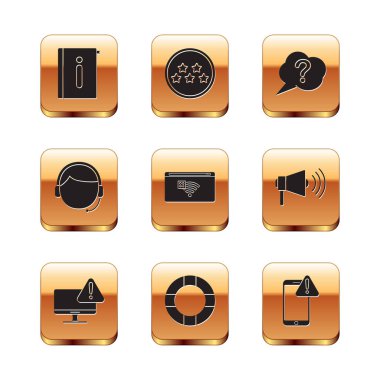 Kullanıcı Kılavuzunu Ayarla, Ünlem İşaretli Monitör, Lifebuoy, İnternet bağlantısı Yok, Erkek kulaklığı, Konuşma Balonu Sorusu, Mobil ve Beş yıldızlı değerlendirme simgesi. Vektör