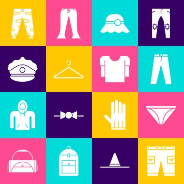 Şort ya da pantolon, erkek iç çamaşırı, pantolon, şık kadın şapkası, elbise askısı, polis şapkası, kamuflaj kargo ve uzun kollu gömlek ikonu. Vektör