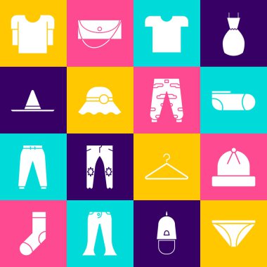 Set Men iç çamaşırı, kış şapkası, spor çorapları, tişört, zarif kadınlar, bahçıvan işçisi, uzun kollu ve kamuflaj kargo ikonu. Vektör