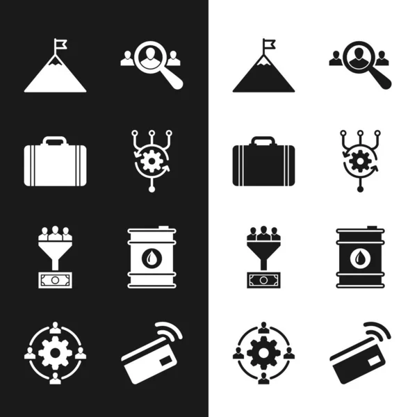 Set Algorithm, Suitcase for travel, Mountains and flag, Magnifying glass search people, Lead management and Barrel oil icon. Vector — 스톡 벡터