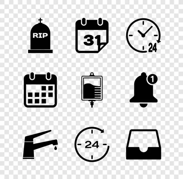 Establecer lápida con RIP escrito, Calendario, Reloj 24 horas, grifo de agua, y el icono de la bandeja de entrada de redes sociales. Vector — Archivo Imágenes Vectoriales