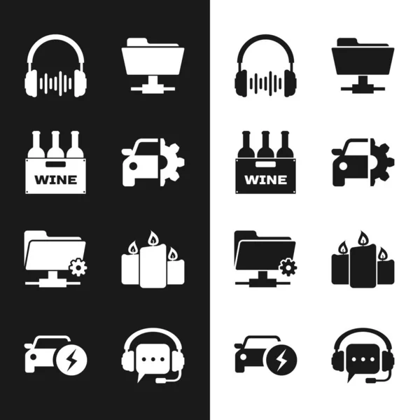 Set Service de voiture, bouteilles de vin en boîte, casque et ondes sonores, dossier FTP, paramètres et icône de bougies brûlantes. Vecteur — Image vectorielle