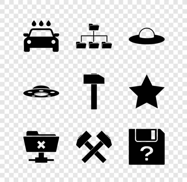 Ställ Biltvätt, Mapp träd, UFO flygande rymdskepp, FTP avbryta drift, Två korsade hammare och okända dokument ikon. Vektor — Stock vektor