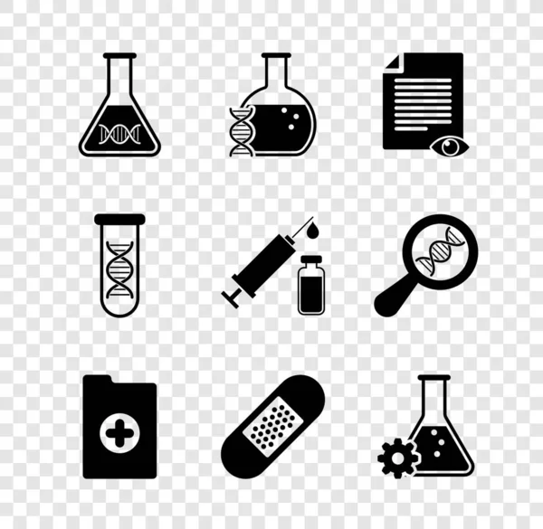 Set DNA-Forschung, Suche,, Papierseite mit Auge, klinische Aufzeichnungen, Pflaster und Bioengineering-Symbol. Vektor — Stockvektor