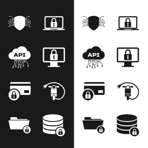 モニターにロック、クラウドAPIインターフェイス、サイバーセキュリティ、ラップトップとロック、クレジットカードと電動スクーターのアイコンを設定します。ベクトル — ストックベクタ