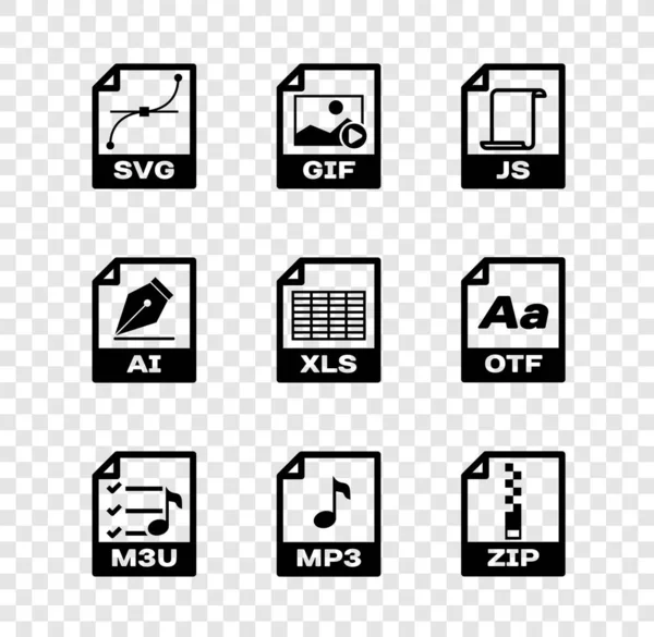 Establecer documento de archivo SVG, GIF, JS, M3U, MP3 y el icono ZIP. Vector — Archivo Imágenes Vectoriales