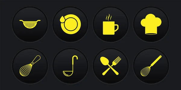 Konyhai habverő, Séf kalap, merőkanál, Keresztezett villa és kanál, Kávé csésze, Mosogató edények, és colander ikon. Vektor — Stock Vector