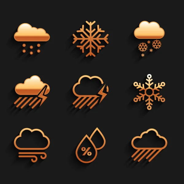 Establecer Nube con lluvia y relámpago, porcentaje de gota de agua, Copo de nieve, El tiempo ventoso y el icono. Vector — Archivo Imágenes Vectoriales