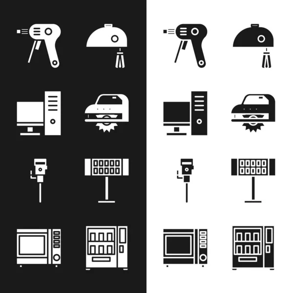 Set Elektrická kotoučová pila, Počítačový monitor, horká lepicí pistole, mixér, Stavební kladivo a ikona ohřívače. Vektor — Stockový vektor