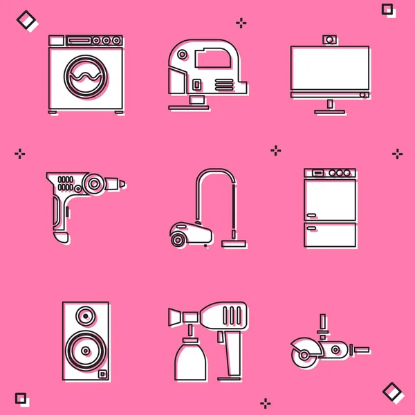 Çamaşır makinesi, elektrikli yapboz, bilgisayar monitörü, matkap, elektrikli süpürge ve buzdolabı ikonu. Vektör — Stok Vektör