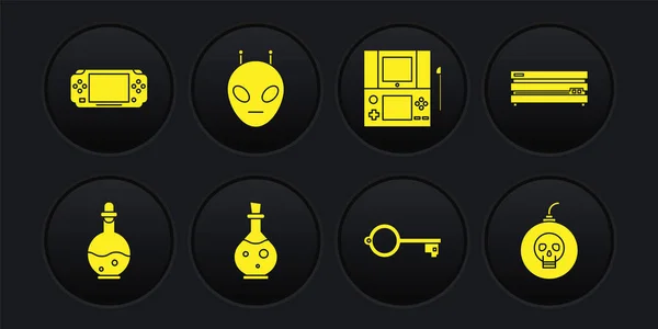 Set Garrafa com elixir mágico, Console de videogame, Chave antiga para, Vídeo portátil, Alien, Bomba pronta para explodir e ícone. Vetor —  Vetores de Stock