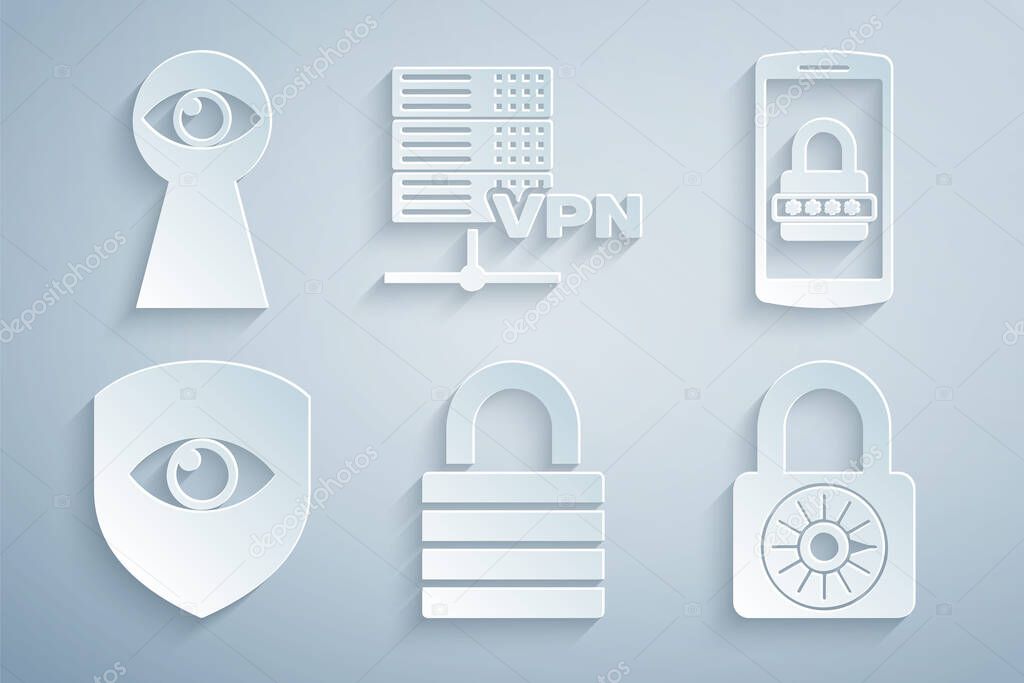Set Lock Mobile and password Shield eye Safe combination lock wheel Server VPN and Keyhole with icon. Vector.