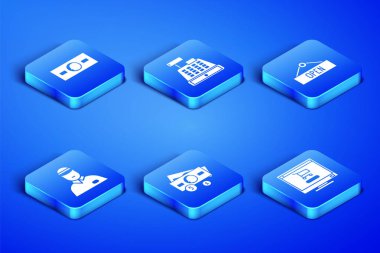 Alışveriş arabasını bilgisayara, kağıt parasına, yığın kağıdına, satıcısına, kasa makinesine ve Açık simgeyle asma tabelasına ayarlayın. Vektör