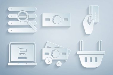 Stacks kağıt para, kredi kartı, alışveriş arabası dizüstü bilgisayarı, sepet, kağıt ve arama tarayıcı simgesi. Vektör