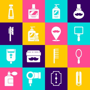 Saç maşası, el aynası, şampuan şişesi, tıraş jeli fırçası, saç fırçası, krem losyon kozmetik tüpü ve berber dükkanı ikonu. Vektör