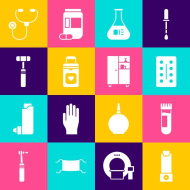Solunum cihazını, kan tüpünü test tüpünü, şişede hapları, organ kabını, nöroloji refleks çekicini, stetoskobu ve ecza dolabı ikonunu hazırlayın. Vektör