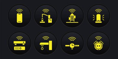 Kablosuz TV alıcısı, akıllı teşhirci siren, su musluğu, Smartwatch, anten, robot kol fabrikası, elektrikli süpürge ve akıllı telefon ikonu. Vektör