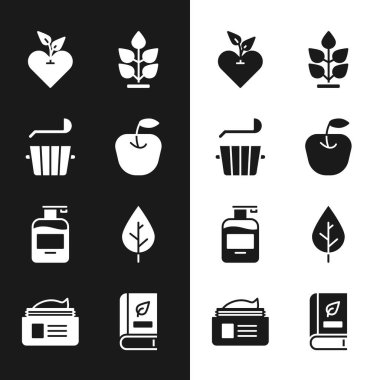 Apple, Sauna kovası ve kepçe, Kalp, Bitki, Sıvı Sabun, Yaprak, Tıp Kitabı ve Merhem Krem Tüpü ikonu. Vektör