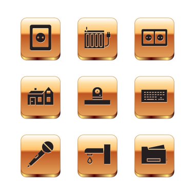 Elektrik prizi, mikrofon, su musluğu, güvenlik kamerası, House, yazıcı ve ısıtma radyatörü ikonunu ayarla. Vektör