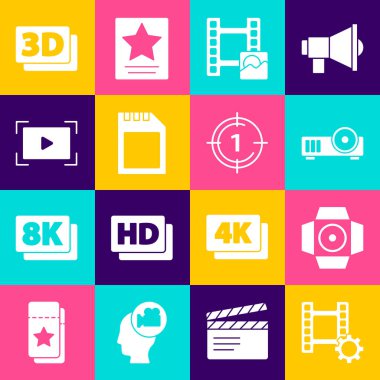 Set Play Video, Movie spotları, Media projektörü, SD kart, Online oyun videosu, 3D kelime ve Eski Film gerisayım çerçeve simgesi. Vektör