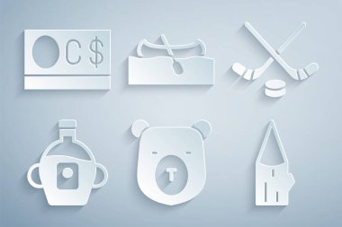 Ayı kafası, buz hokeyi sopası ve puck, akçaağaç şurubu, ahşap kütük, kano veya kano ve Kanada dolar ikonu. Vektör