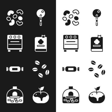 Yemek kitabı, fırın, jöle şekeri, lolipop, şeker, kahve çekirdekleri, karamelli elma ve Brick soba ikonu. Vektör