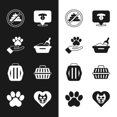 Set Cat litter tray with shovel, Hands animals footprint, No shit, nose, Pet carry case, Heart cat and Paw icon. Vector