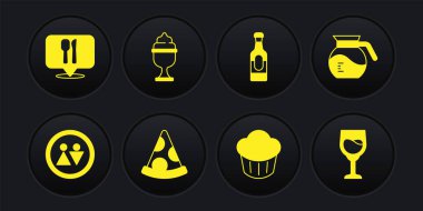 Set tuvaleti, kahve demliği, pizza, kek, şarap şişesi, dondurma kasesi, bardak ve kafe ve restoran mekanı ikonu. Vektör