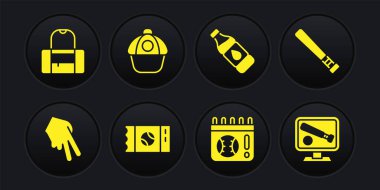 Beyzbol eldiveni, sopa, bilet, beysbol maçlı takvim, bir şişe su, kep, monitör ve spor çanta ikonu. Vektör