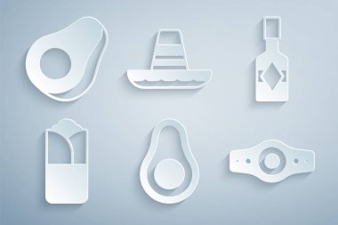 Avokado meyvesi, Tabasco sosu, Burrito, Güreş Şampiyonası kemeri, Meksika şapkası ve ikonu. Vektör