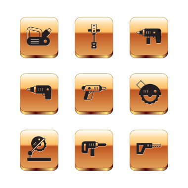 Elektrikli planör aleti, tahta işçiliği, matkap makinesi, kablosuz tornavida, Karşılaştırıcı ve Elektriksel el beton karıştırıcı simgesi için testereyi ayarlayın. Vektör