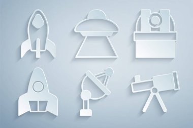 Uydu anteni, Astronomik gözlemevi, Roket gemisi, Teleskop, UFO uçan uzay gemisi ve simge ayarla. Vektör