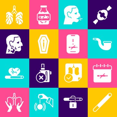 Set sigarası, sigara günü yok, pipo, erkek öksürüğü, ölüm, boğaz kanseri, hastalık akciğerleri ve ikon. Vektör