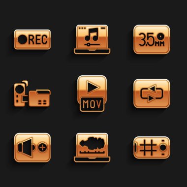 MOV dosyasını, Ses veya Ses kaydedicisini, Selfie 'yi cep telefonunda, Tekrarla düğmesini, Hoparlör sesini, sinema kamerasını, Ses Jack' ini ve Kayıt simgesini ayarla. Vektör