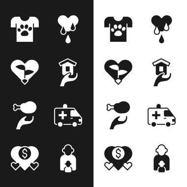 Evsizler için barınak, kalben Yaprak, Hayvan Gönüllüsü, Kan Bağışı, Bağış Yemeği, Ambulans Arabası, Çocuklara Bakım ve Yardım ikonu. Vektör