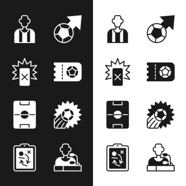 Futbol ya da futbol bileti, kırmızı kart futbol, hakem, futbol, saha, oyuncu basın toplantısı ve planlama stratejisi ikonu. Vektör