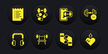 Kulaklıkları ayarla, Dumbbell, Halterli Bench, Çorap, Fitness uygulaması, Spor doping dambılı, Kalp atışı artış ve eğitim programı ikonu. Vektör