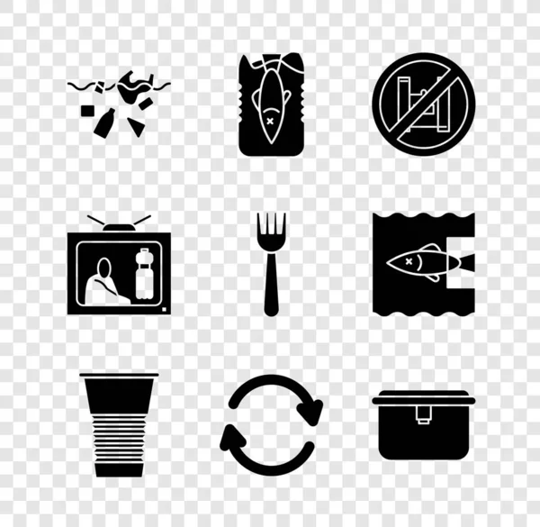 Stel probleem van vervuiling planeet, Stop oceaan plastic, zeg geen zakken poster, Papier glas, Vernieuwen, Lunchdoos, en wegwerp vork pictogram. Vector — Stockvector