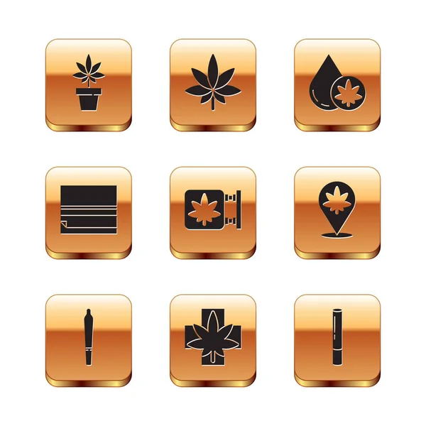 Set marihuana of cannabis plant, joint, Medische marihuana blad, en op te slaan, Rolling papier, olijfolie, en pictogram. Vector — Stockvector