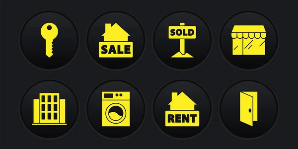 Set House, Market store, Washer, Hanging sign with Rent, text Sold, Sale, Closed door and key icon. Vector — Stock Vector