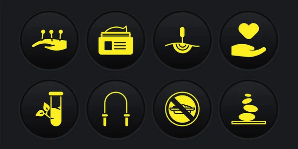 Set Laboratorium glas en bladeren, Hart in de hand, Jump touw, Voedsel geen dieet, Acupunctuur therapie, Zalf crème buis, Stapel hete stenen en pictogram. Vector — Stockvector