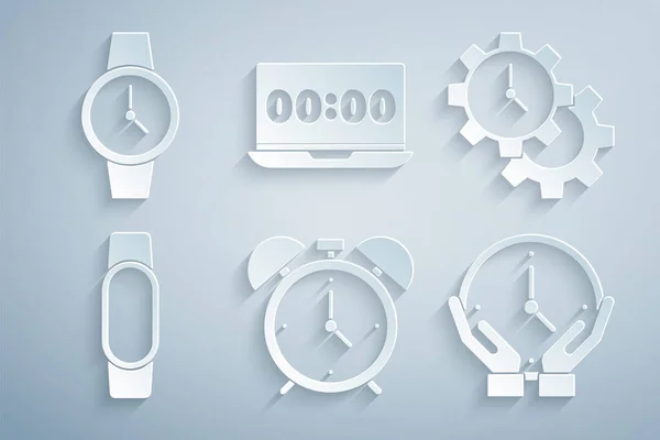 Definir relógio de alarme, Gerenciamento de Tempo, Smartwatch, Relógio, no laptop e ícone de pulso. Vetor — Vetor de Stock