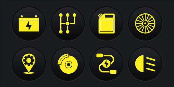 Set Servicio de coche, Rueda de aleación, disco de freno con pinza, cable de alimentación del puente de batería, Bote para gasolina, cambio de marchas, haz alto e icono. Vector — Vector de stock