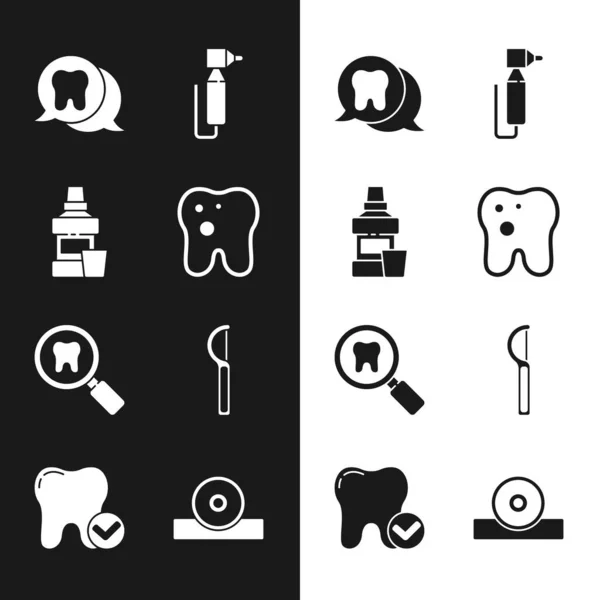 Set Diente con caries, Botella de enjuague bucal, taladro, búsqueda dental, hilo dental, reflector de cabeza otorrinolaringológica e icono de concepto de blanqueamiento. Vector — Vector de stock