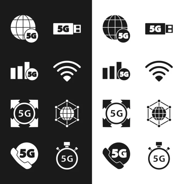 Wi-Fi draadloos netwerk, 5G, modem, sociale, digitale snelheidsmeter en telefoon met pictogram instellen. Vector — Stockvector