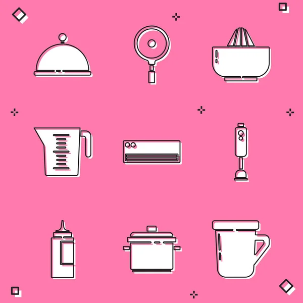 Set Covered with tray, Frying pan, Citrus fruit juicer, Measuring cup, Air conditioner, Blender, Sauce bottle and Cooking pot icon. Vector — Stock Vector